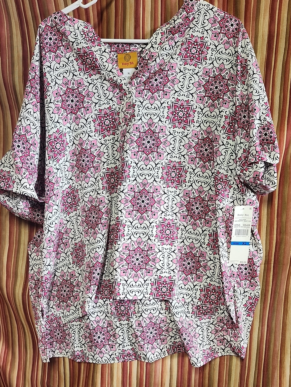 Ruby Rd. Pink and White Geometric Floral V-Neck Blouse with Black Accents